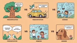 Porównanie personifikacji i animizacji - ilustracja edukacyjna z przykładami figur retorycznych