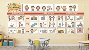 Przykład planu dnia dla dziecka z autyzmem z kolorowymi piktogramami pokazującymi porę śniadania, szkoły, zabawy i snu