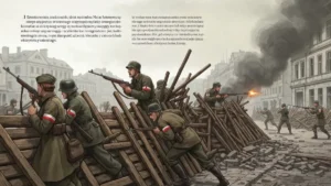 Powstancy warszawscy z bialo-czerwonymi opaskami na ulicy zburzonego miasta w 1944 roku - ilustracja edukacyjna