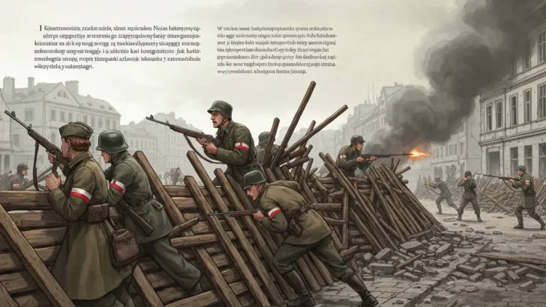 Powstancy warszawscy z bialo-czerwonymi opaskami na ulicy zburzonego miasta w 1944 roku - ilustracja edukacyjna