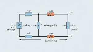 Schemat obwodu elektrycznego z oznaczeniami napięcia, natężenia prądu i mocy