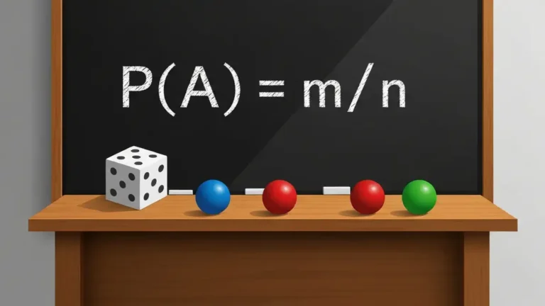 Wzór na prawdopodobieństwo klasyczne P(A)=m/n z kostką do gry i kulami na tle szkolnej tablicy matematycznej