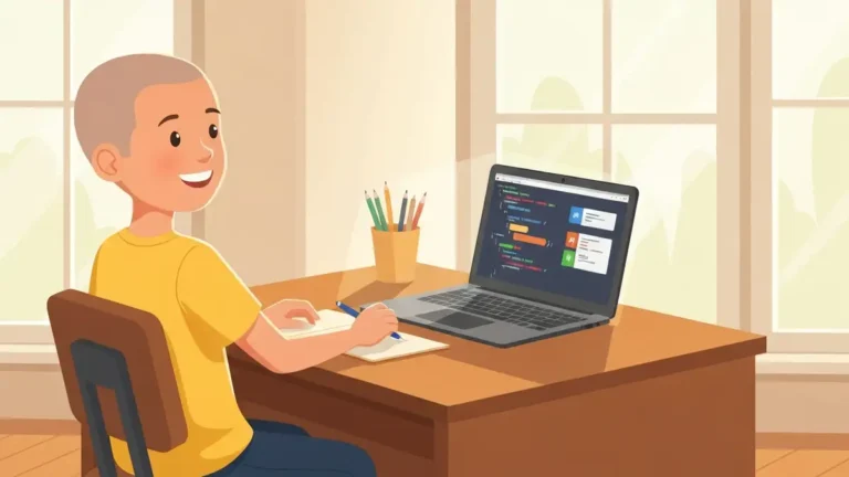 Dziecko uczące się programowania w Pythonie na laptopie z kodem na ekranie