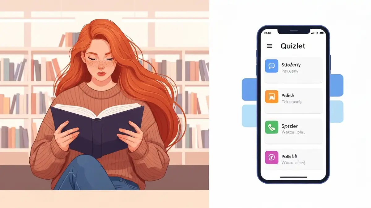 Porównanie interfejsów Quizlet i Anki na ekranach laptopa i smartfona, tabela porównawcza systemów fiszek