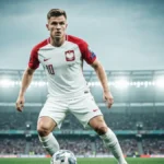 Radosław Majdan w stroju piłkarskim reprezentacji Polski, pozujący zawodowo do zdjęcia