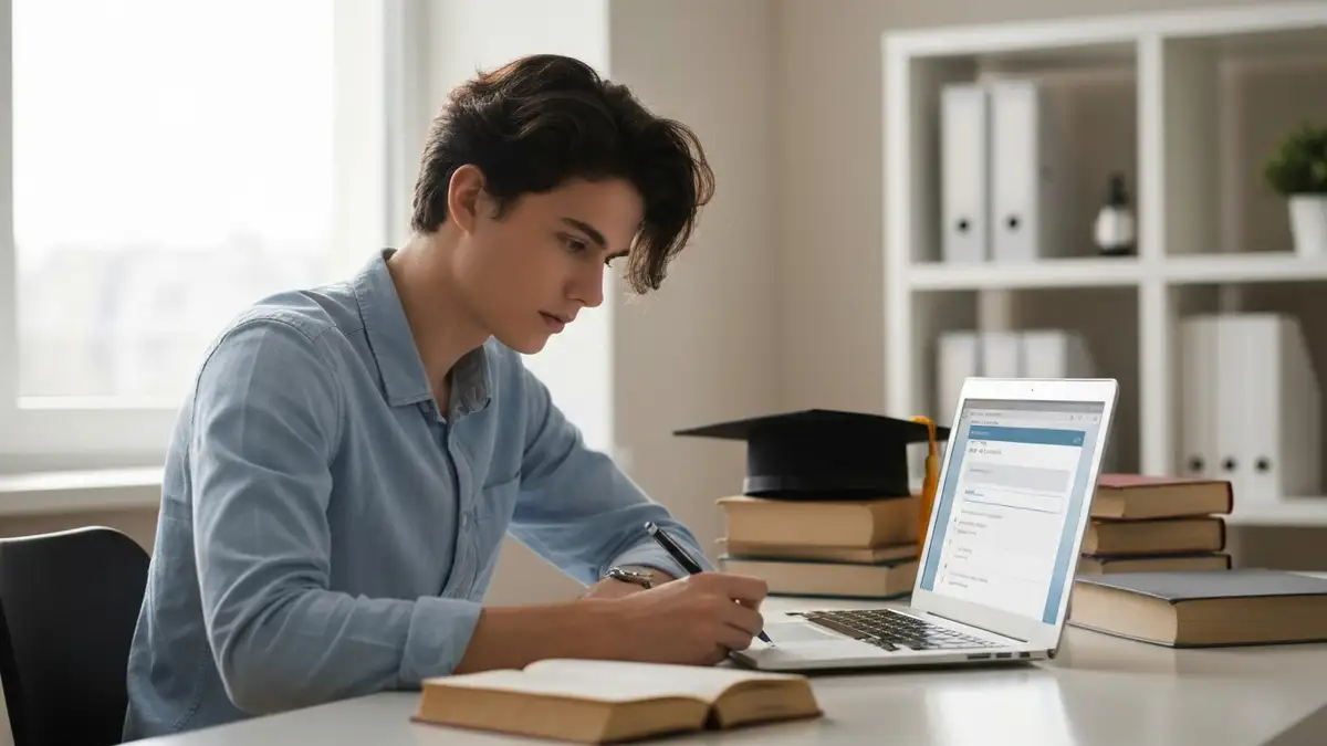 Mlody kandydat wypelniajacy formularz rekrutacyjny na studia przy laptopie w 2025 roku