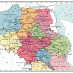 Mapa rozbiorów Polski z 1772, 1793 i 1795 roku z zaznaczonymi zaborami rosyjskim, pruskim i austriackim