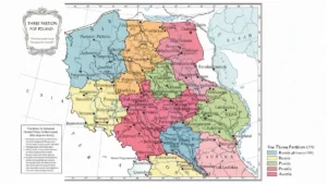 Mapa rozbiorów Polski z 1772, 1793 i 1795 roku z zaznaczonymi zaborami rosyjskim, pruskim i austriackim