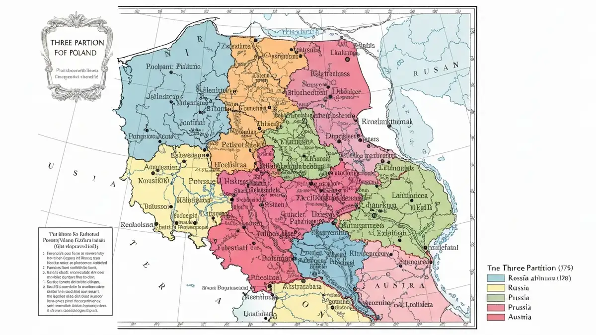 Mapa rozbiorów Polski z 1772, 1793 i 1795 roku z zaznaczonymi zaborami rosyjskim, pruskim i austriackim