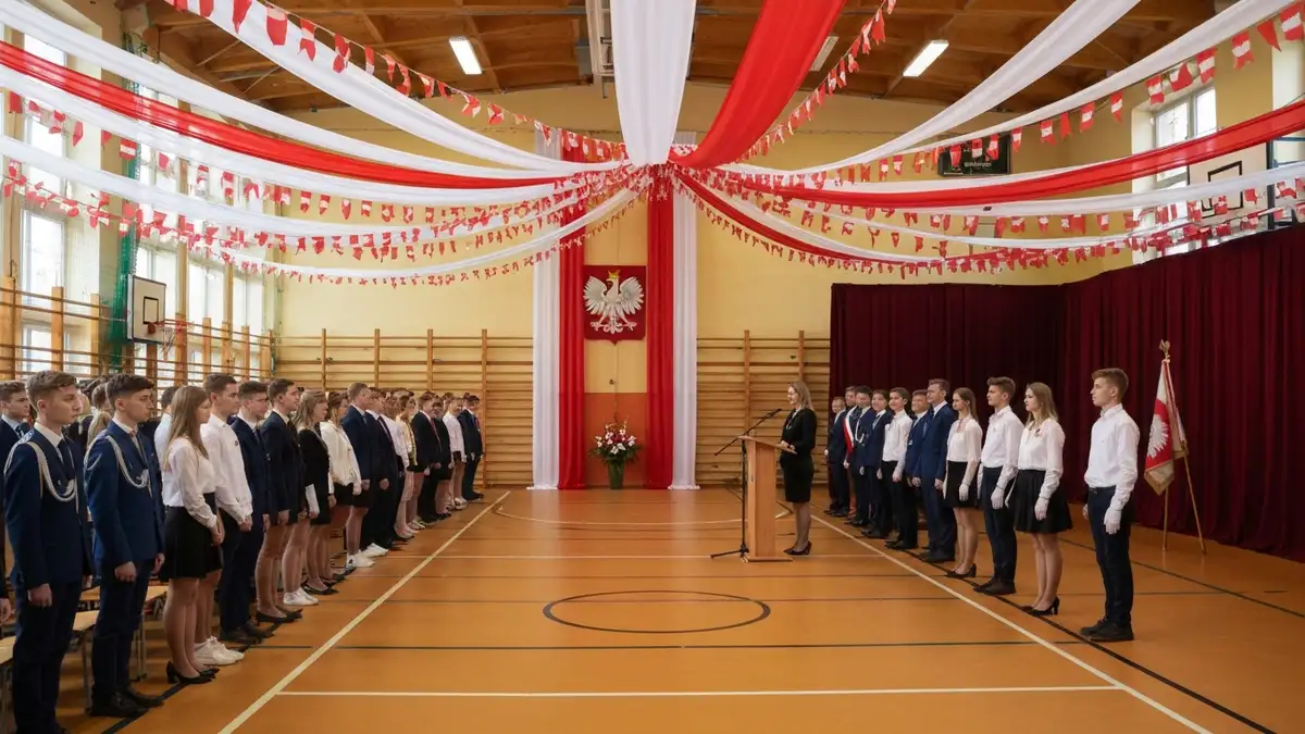 Scenariusz akademii 11 listopada - udekorowana sala gimnastyczna szkoły z biało-czerwonymi flagami i uczniami podczas uroczystości