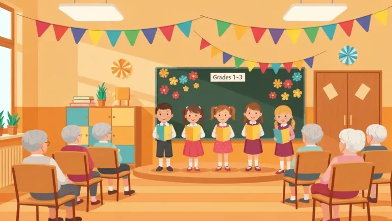 Uczniowie klas 1-3 recytuja wiersze babciom i dziadkom podczas uroczystosci szkolnej
