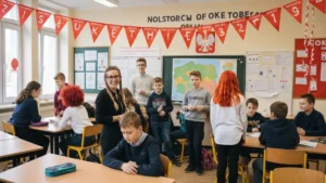 Klasa szkolna przyozdobiona na Dzień Edukacji Narodowej z uśmiechniętymi uczniami i nauczycielem