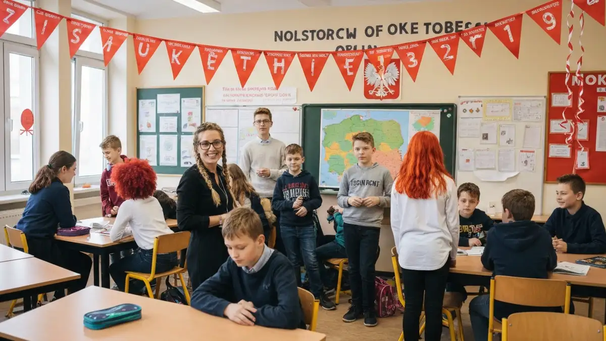 Klasa szkolna przyozdobiona na Dzień Edukacji Narodowej z uśmiechniętymi uczniami i nauczycielem
