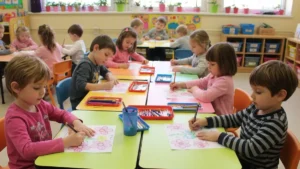 Przedszkolaków przygotowujący scenariusz Dnia Mamy - dzieci rysujące, przygotowujące kwiaty i dekoracje na biały papier, uśmiech na twarzach