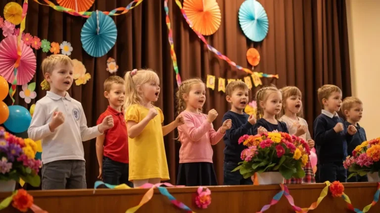 Uczniowie na scenie podczas akademii Dnia Nauczyciela w szkole podstawowej