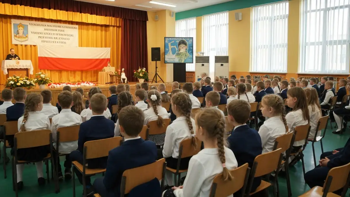 Uczniowie uczestniczący w uroczystości dnia patrona szkoły - dzieci w munderkach siedzą w auli szkolnej