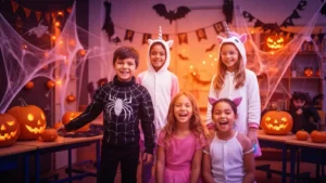 Kolorowa klasa szkolna dekorowana na Halloween - dynie, pajęczyny, światła, dzieci w kostiumach
