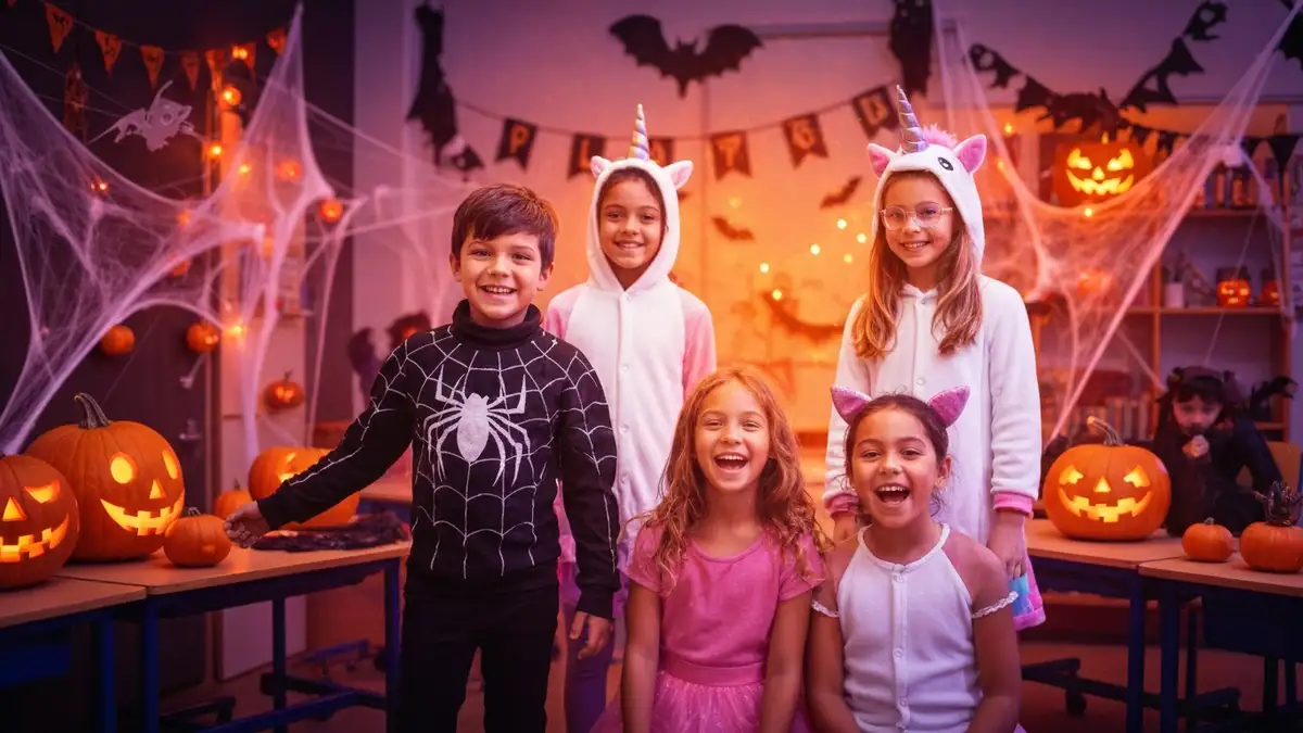 Kolorowa klasa szkolna dekorowana na Halloween - dynie, pajęczyny, światła, dzieci w kostiumach