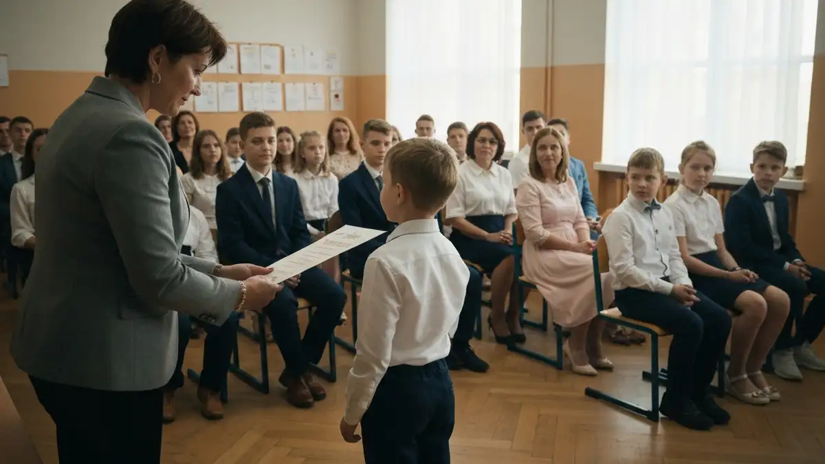 Uczniowie klasy pierwszej w podniosłych strojach podczas ceremonii pasowania, z nauczycielem wręczającym dyplom