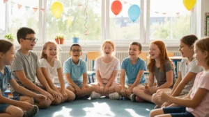 Dzieci w klasie siedzą w kółku, bawią się w grę zespołową na zakończenie roku szkolnego, są zabawy i kolorowe ozdoby