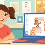 Dziecko programuje w Scratchu na laptopie - kolorowe bloki kodu na ekranie