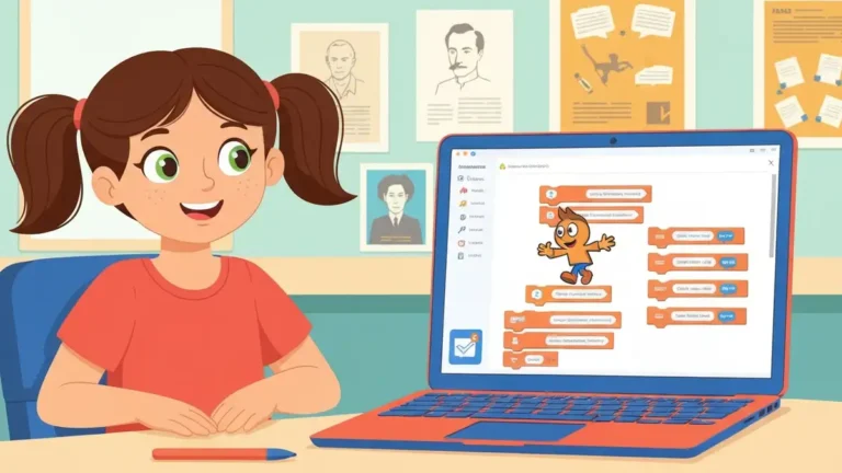 Dziecko programuje w Scratchu na laptopie - kolorowe bloki kodu na ekranie
