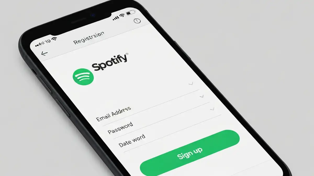 Ekran rejestracji w aplikacji Spotify z formularzem logowania i przyciskami opcji społeczności