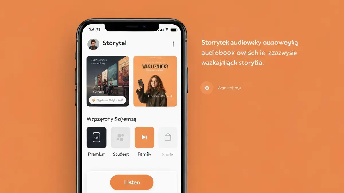 Interfejs aplikacji Storytel na smartfonie wyświetlający bibliotekę polskich audiobook i opcje subskrypcji