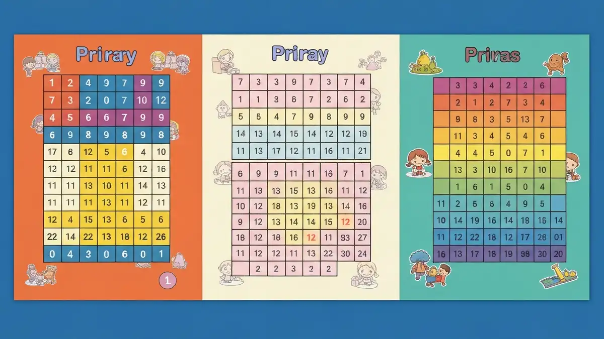 Trzy siatki sudoku dla dzieci w kolorach: zielona dla poziomu łatwego z wieloma cyframi, żółta dla poziomu średniego, czerwona dla poziomu trudnego z minimum wskazówek