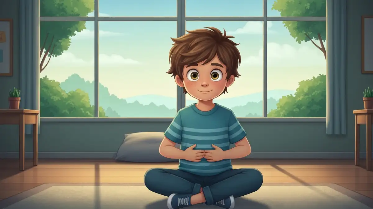 Dziecko z ADHD ćwiczy oddychanie uważnie podczas sesji mindfulness w spokojnym otoczeniu