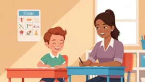 Uczen ze spektrum autyzmu siedzi przy biurku w jasnej sali szkolnej z nauczycielem wspomagajacym obok