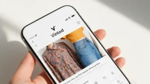 Telefon z aplikacją Vinted otwartą na ekranie, wyświetlającą interfejs sprzedaży używanych ubrań