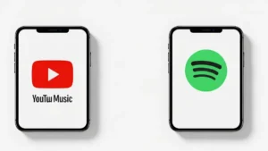 Porównanie logotypów YouTube Music i Spotify z ikonami aplikacji na tle smartfona