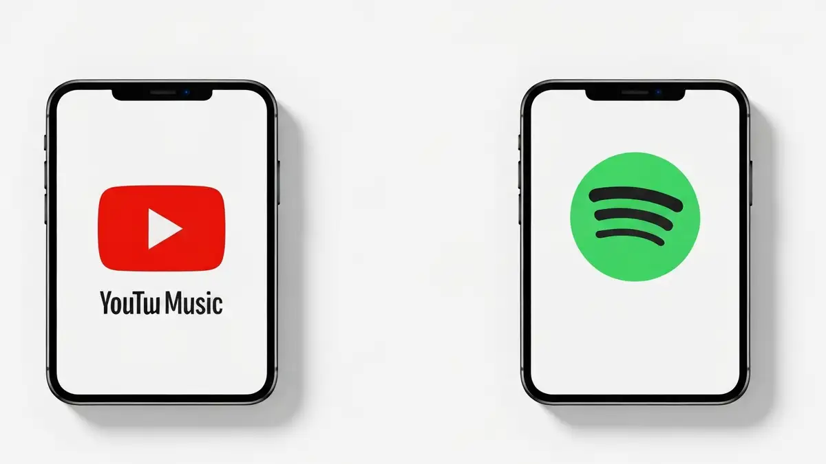 Porównanie logotypów YouTube Music i Spotify z ikonami aplikacji na tle smartfona