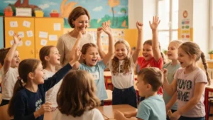 Dzieci grają w zabawę edukacyjną na koniec lekcji w sali klasowej