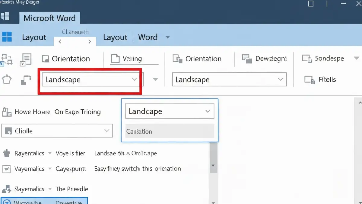 Zmienianie orientacji strony z pionowej na poziomą w Microsoft Word — menu Układ i przycisk Orientacja