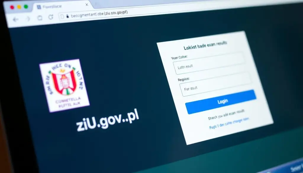 Ekran komputera pokazujący stronę logowania do systemu ZIU, gdzie można sprawdzić wyniki egzaminu ósmoklasisty