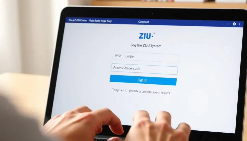 Osoba logująca się do systemu ZIU na laptopie, aby sprawdzić wyniki egzaminu ósmoklasisty