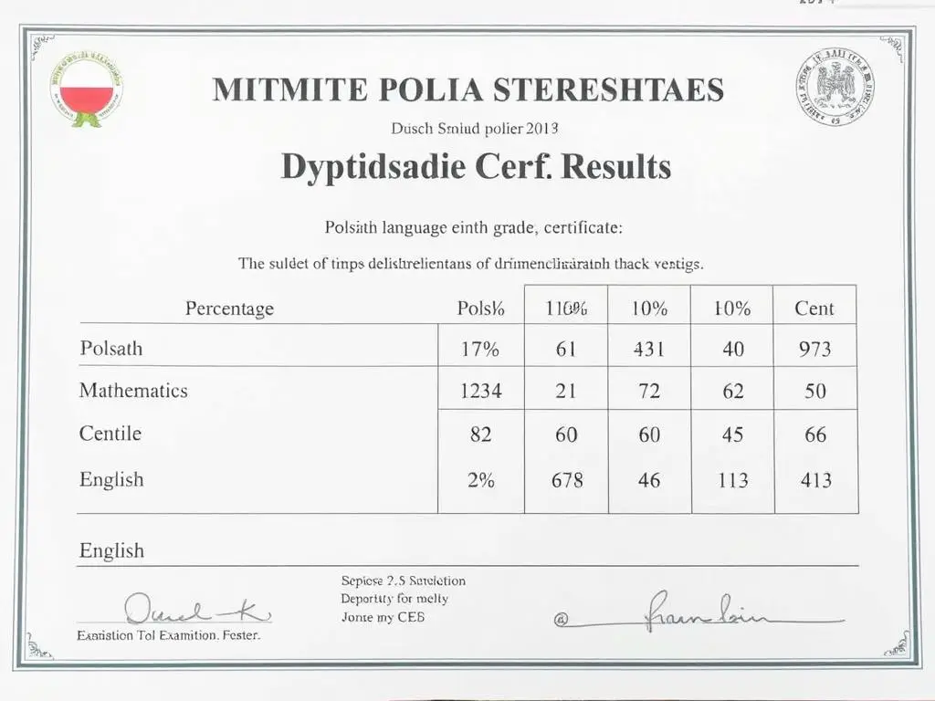 Przykładowe zaświadczenie o wynikach egzaminu ósmoklasisty z widocznymi wynikami procentowymi i centylowymi